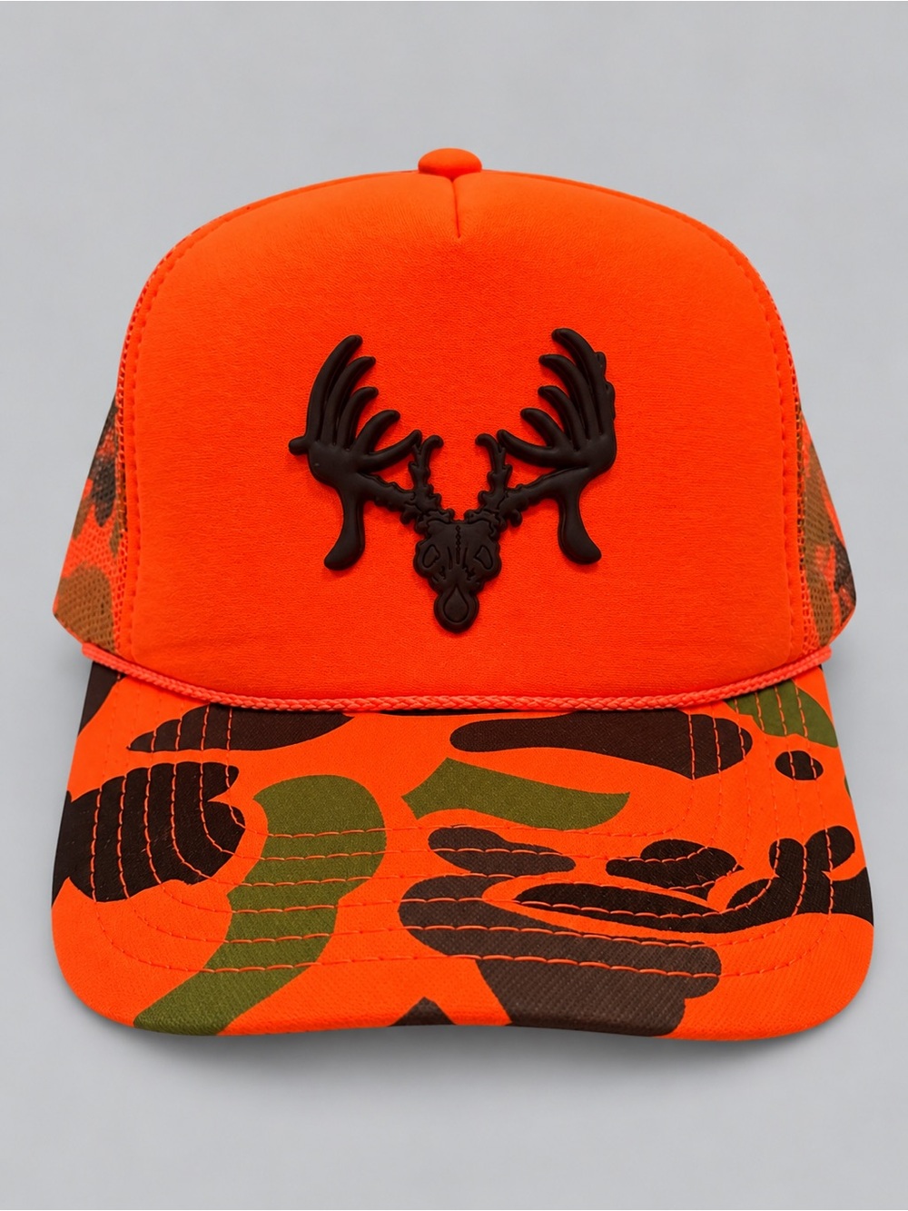 OTTO Bright Orange Camo Trucker Hat with Black Antler Patch